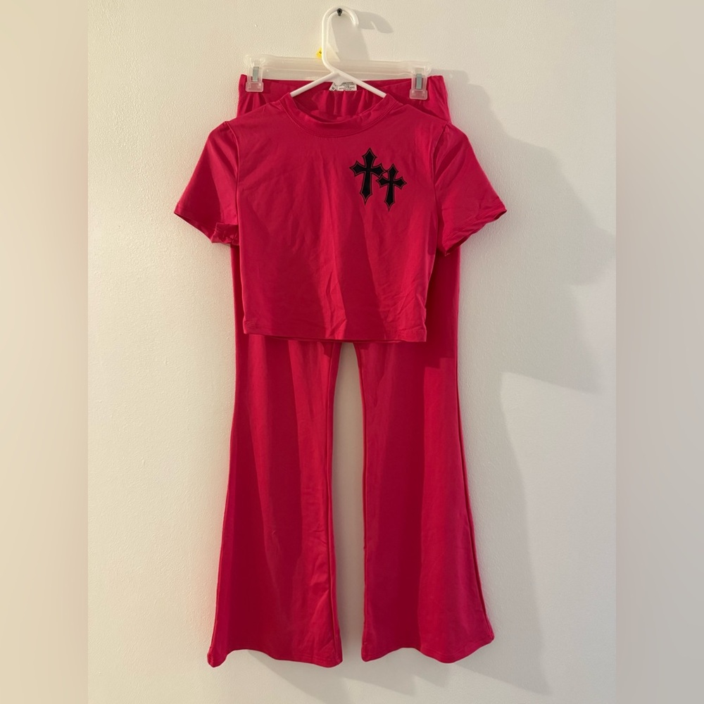 Pink Two-Piece Set with Black Cross Detail